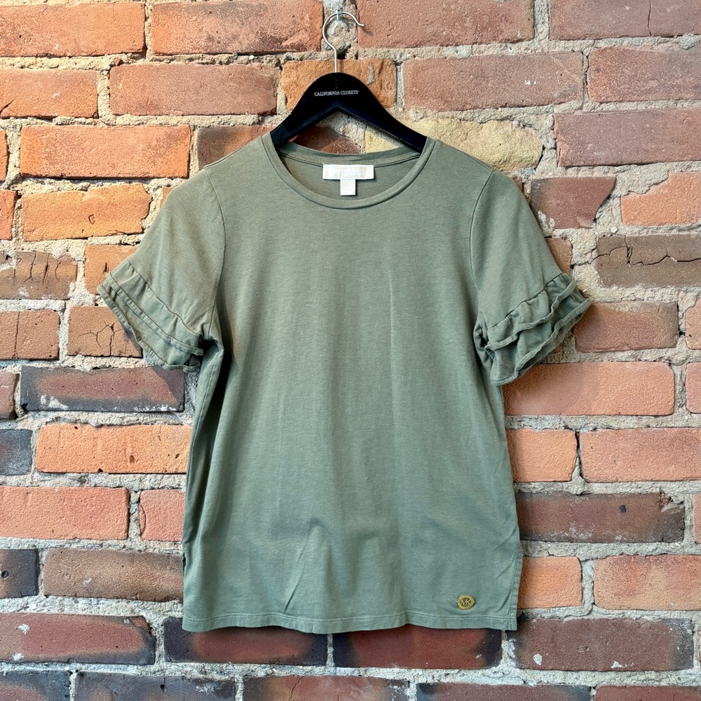 Michael Kors Short Sleeve Olive Green Top with Ruffled Sleeves. Size: Small